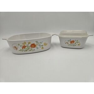 Lot Of 2 Corning Ware Wildflower Poppy Casserole 2qt & 2 3/4 Cup W/ Plastic Lid